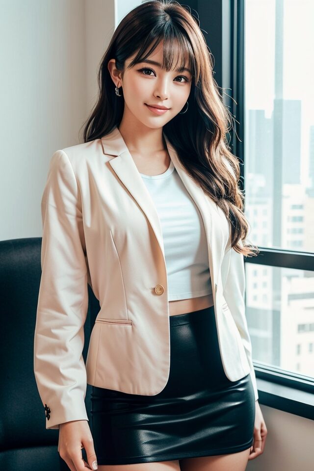 Stable Diffusion生成 OL制服プロンプト:白ブラウスと黒スカートの制服を着た日本人女性がデスク前で自然な姿勢を取っている
