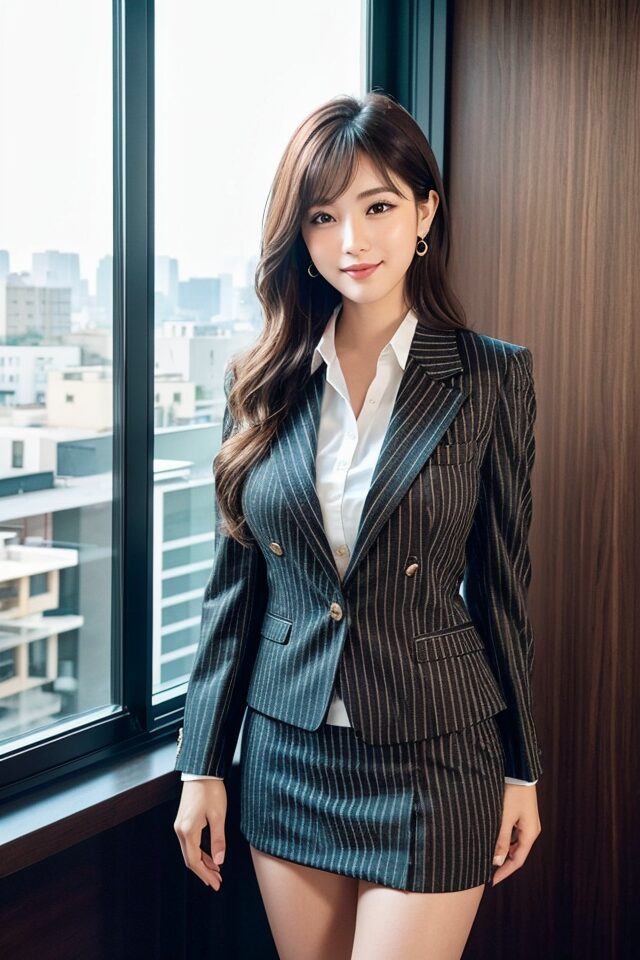 Stable Diffusion生成 OL制服プロンプト:ストライプ柄スーツの制服を着た日本人女性が会議室でプロフェッショナルに立っている