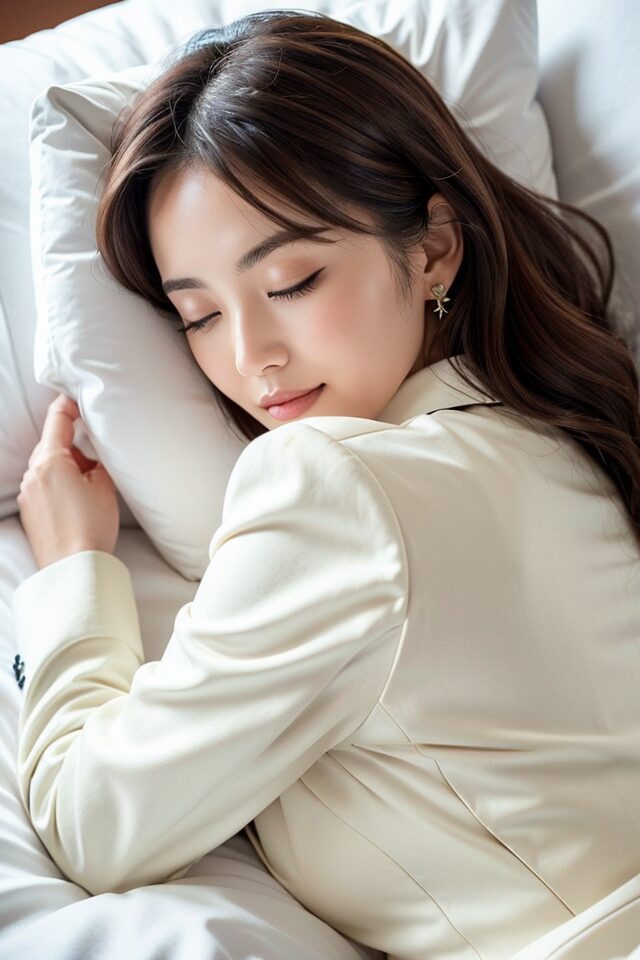 Stable Diffusion生成のポーズプロンプト:眠っている日本人女性。ブランケットに包まれた落ち着いた表情。