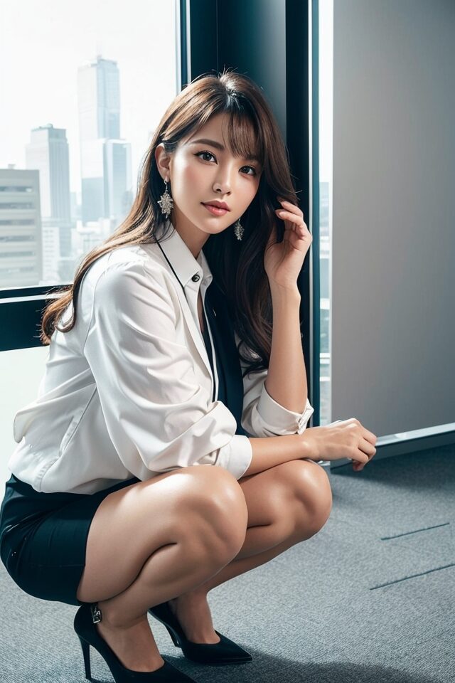 Stable Diffusion生成のポーズプロンプト:ヤンキー座りをする日本人女性。カジュアルで挑発的な雰囲気。