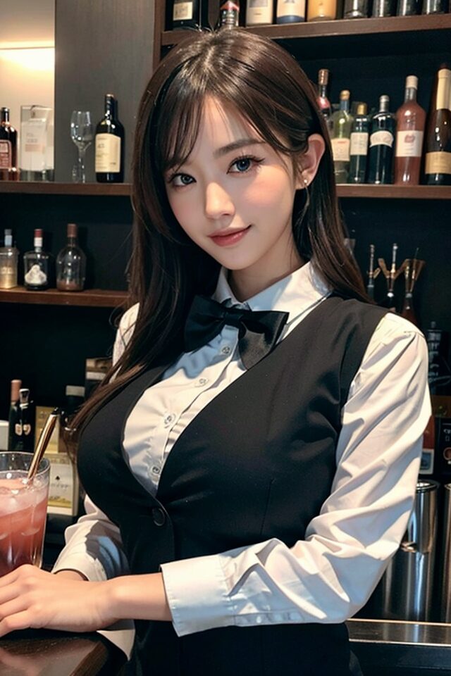 Stable Diffusion生成の制服プロンプト:バーテンダー制服を着た日本人女性。バーのカウンター背景で落ち着いた構図。