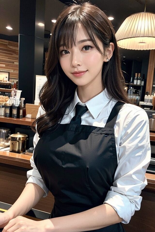 Stable Diffusion生成の制服プロンプト:エプロン姿のカフェ店員日本人女性。木製カウンター背景で親しみやすい表情。