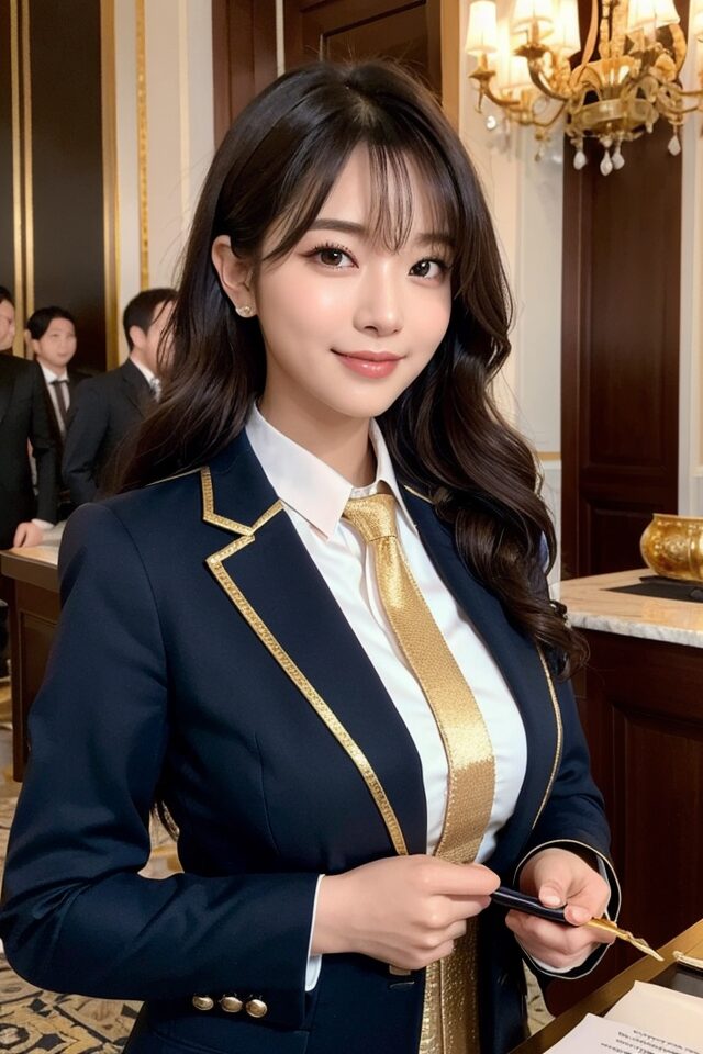 Stable Diffusion生成の制服プロンプト:コンシェルジュ制服を着た日本人女性。高級ホテル背景でプロフェッショナルな立ち姿。