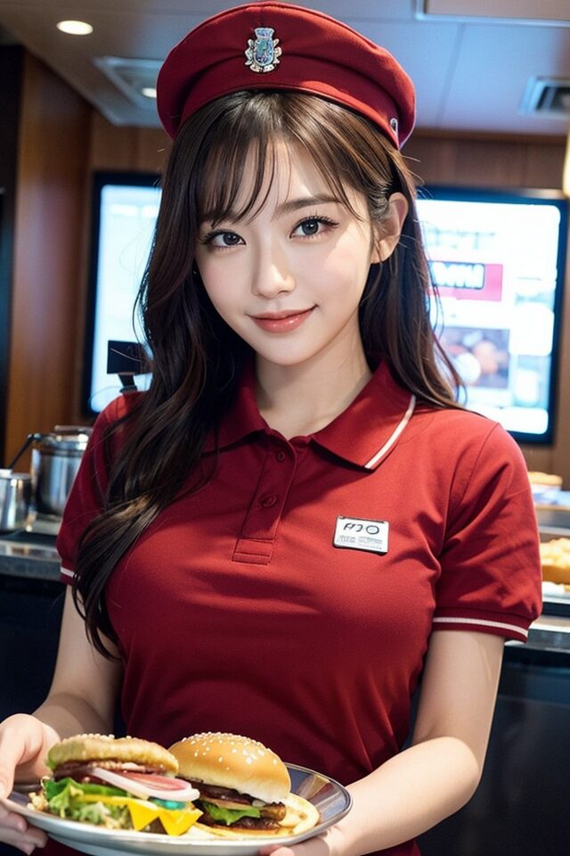 Stable Diffusion生成の制服プロンプト:ファーストフード店員制服を着た日本人女性。カラフルな店舗背景で元気な表情。