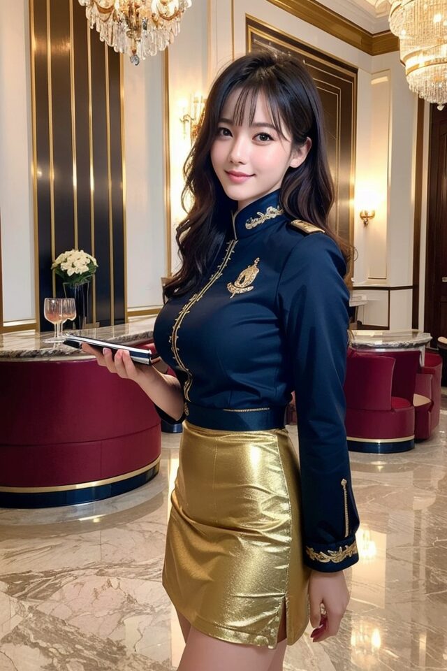 Stable Diffusion生成の制服プロンプト:ホテル受付スタッフの制服を着た日本人女性。豪華なロビー背景で笑顔の構図。