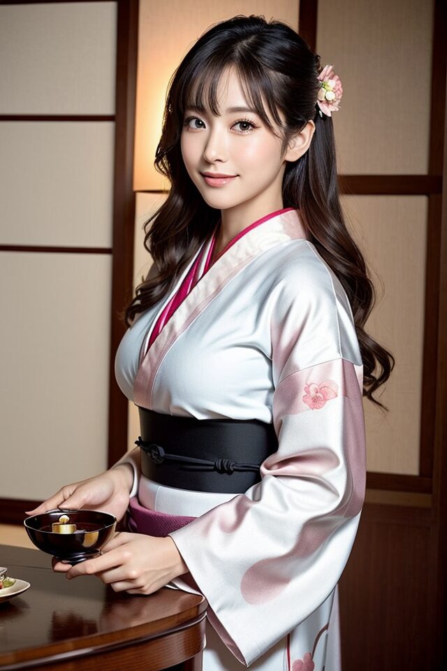 Stable Diffusion生成の制服プロンプト:和食レストランスタッフの和装風制服を着た日本人女性。伝統的内装背景で清潔感ある構図。