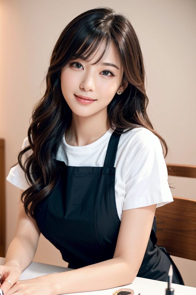 Stable Diffusion生成の制服プロンプト:ネイリスト制服の日本人女性。ネイルデスク背景で細部に集中する姿。