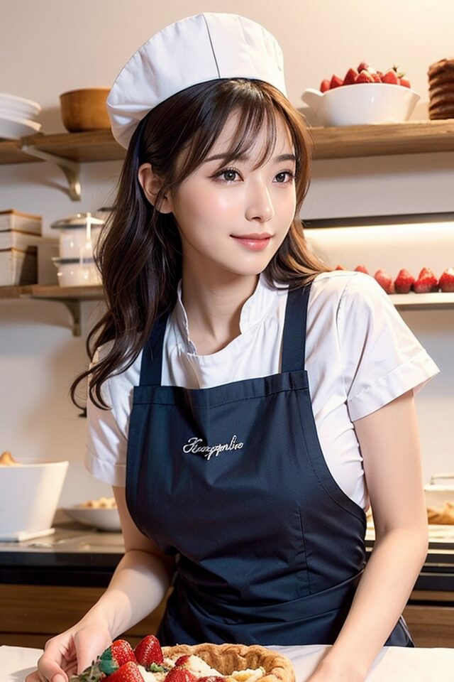 Stable Diffusion生成の制服プロンプト:パティシエ制服を着た日本人女性。キッチン背景で丁寧にお菓子を扱う姿。
