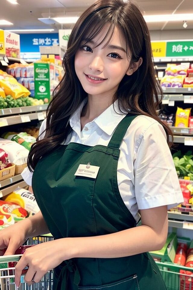 Stable Diffusion生成の制服プロンプト:スーパーマーケット店員制服を着た日本人女性。商品棚背景で陳列作業中の構図。