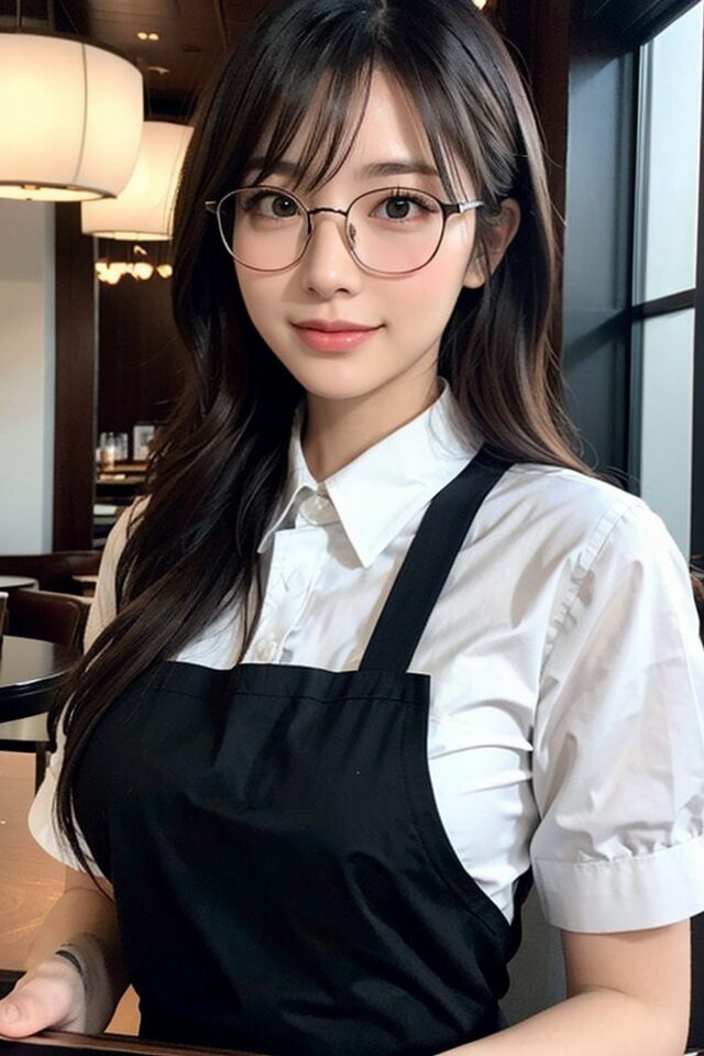 Stable Diffusion生成の制服プロンプト:トレイを持つウェイトレス姿の日本人女性。エレガントなレストラン背景。