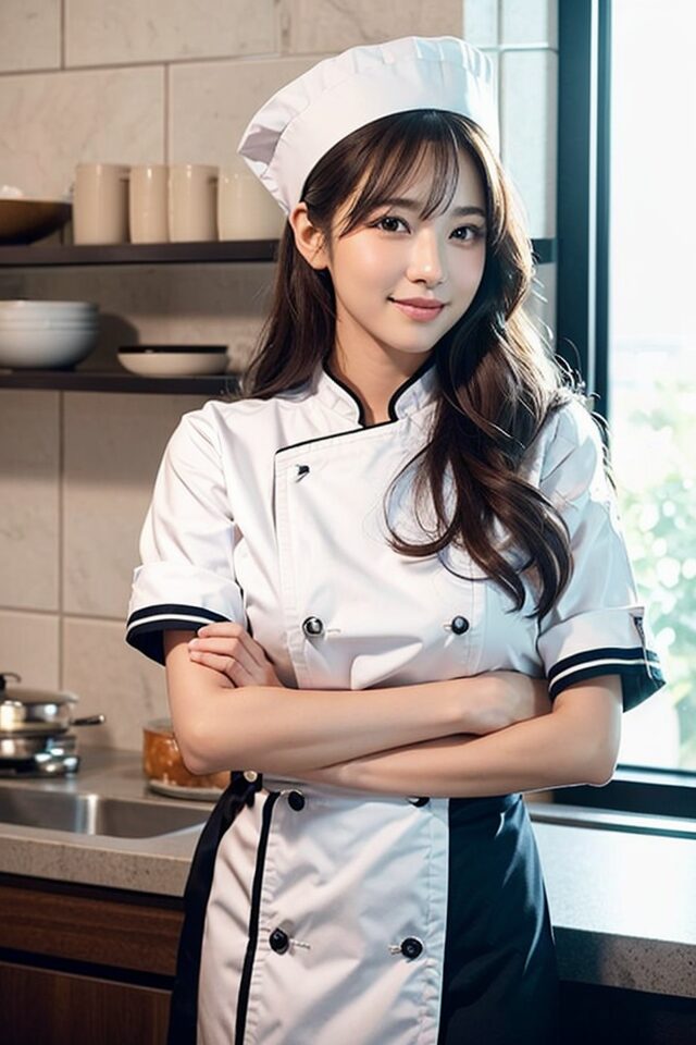 Stable Diffusion生成の制服プロンプト：シェフの制服を着た日本人女性。忙しい厨房背景でダブルブレストのコートを着た構図。