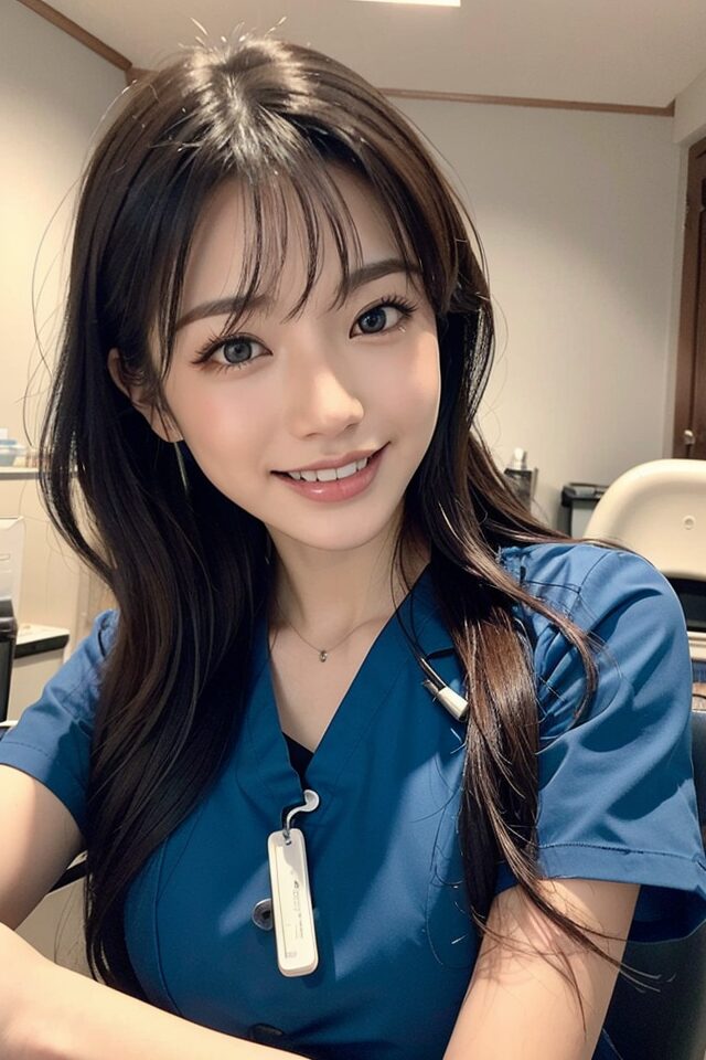Stable Diffusion生成の制服プロンプト:歯科助手制服を着た日本人女性。歯科医院背景で器具を持つ構図。