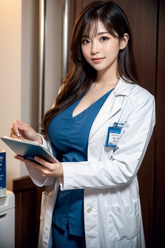 Stable Diffusion生成の制服プロンプト:白衣姿の日本人女性医師。病院オフィス背景で専門的な雰囲気。