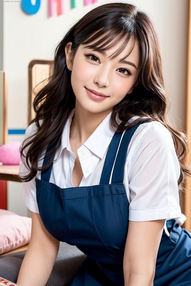 Stable Diffusion生成の制服プロンプト:保育士 制服、エプロン、日本人女性、玩具に囲まれた保育室背景。