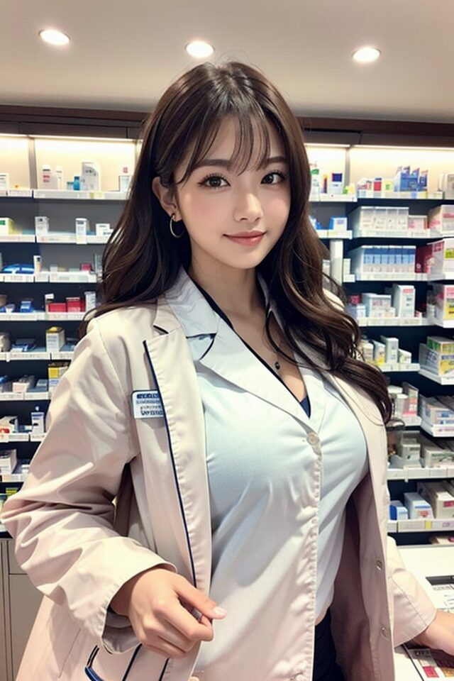 Stable Diffusion生成の制服プロンプト:薬剤師制服を着た日本人女性。薬局背景で薬品を扱う落ち着いた構図。