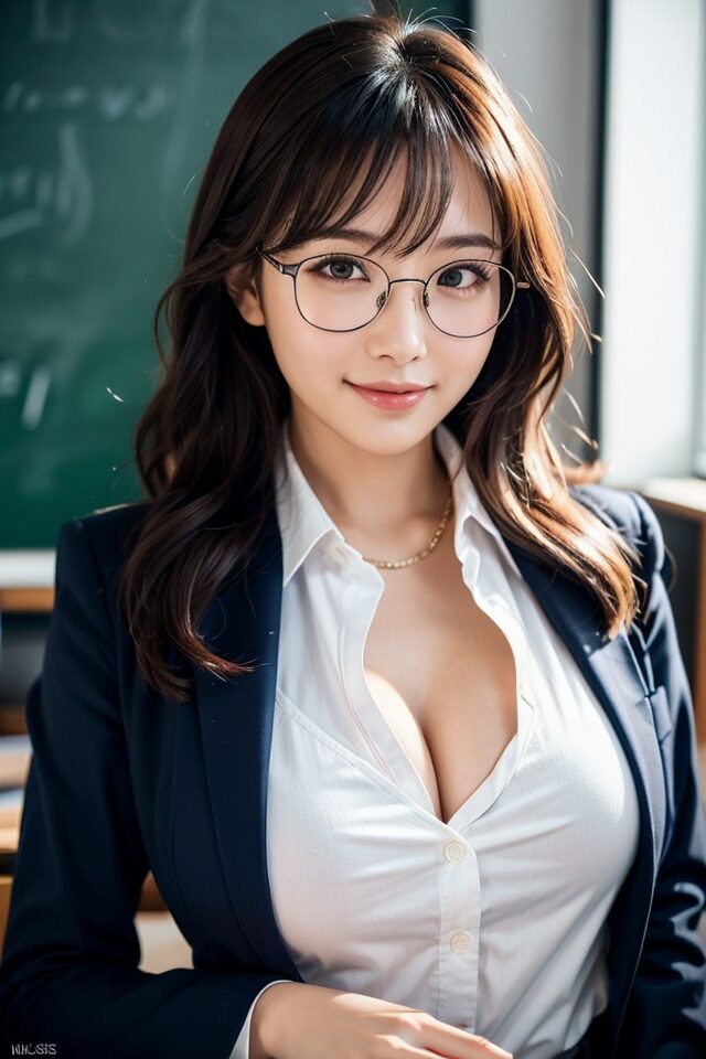 Stable Diffusion生成の制服プロンプト:学校教師 制服、ペンシルスカート、日本人女性、教室の黒板背景。