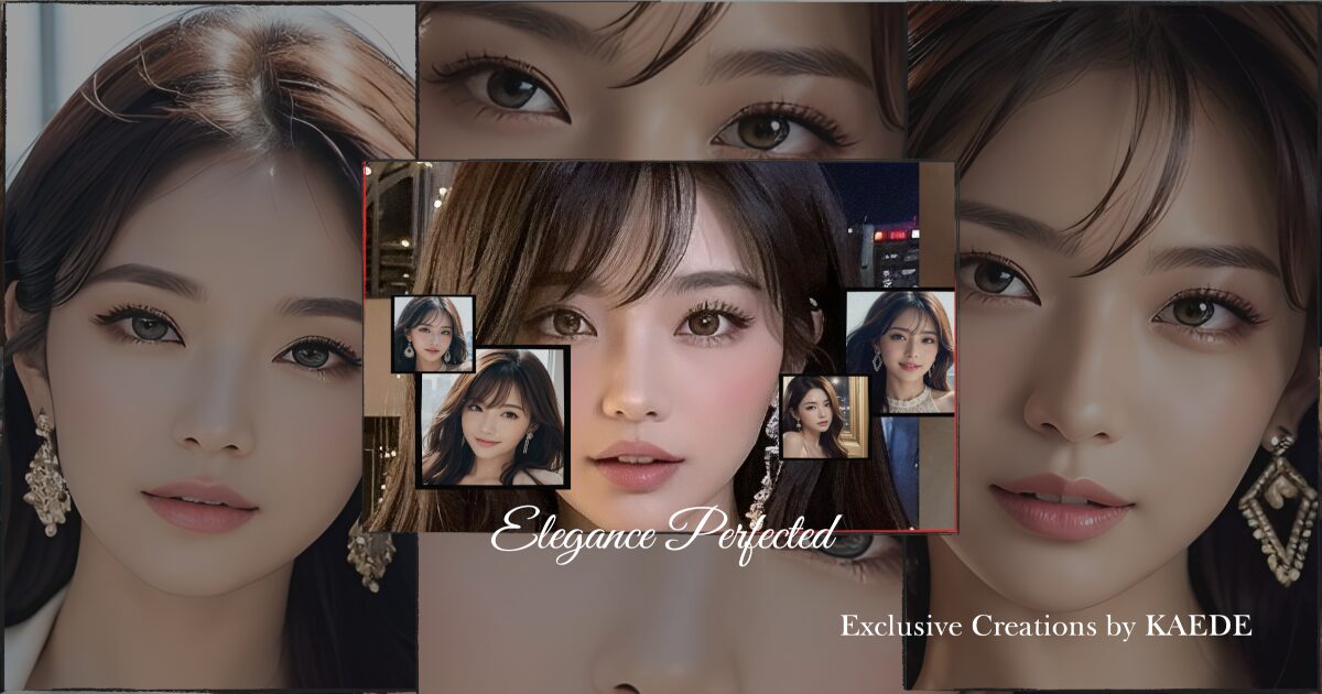 KAEDE Beauty Luxeの公式トップ画像。複数のポートレートを組み合わせた「Elegance Perfected」というコンセプトビジュアル。