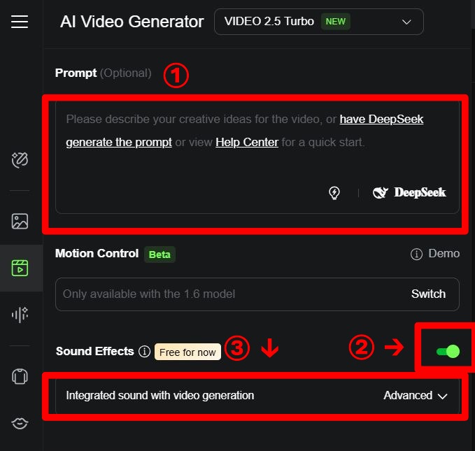 Kling AI Video Generatorでサウンド機能を有効にする位置。①プロンプト欄、②Sound Effectsトグル、③Free for now表示。