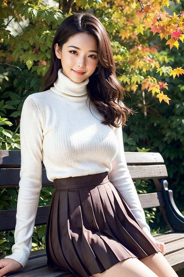 Stable Diffusion生成の秋コーデプロンプト：タートルニットとプリーツスカートの女性、夕焼けの縁取り光