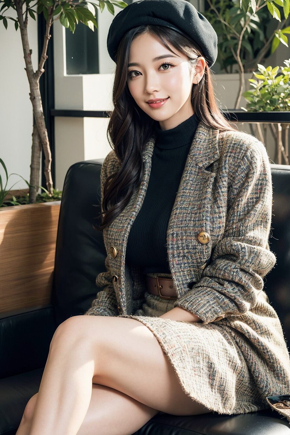 Stable Diffusion生成の秋コーデプロンプト：ツイードジャケットとウールベレーの女性、カフェ