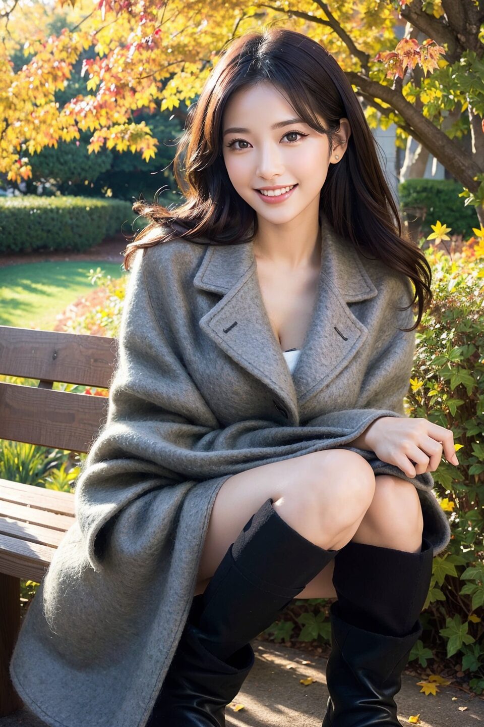 Stable Diffusion生成の秋コーデプロンプト：ウールコートとアンクルブーツで歩く女性のスナップ