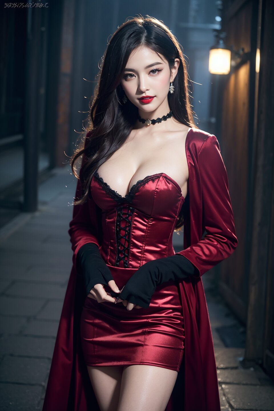 Stable Diffusion 上品な吸血鬼|霧の路地裏と濡れた石畳に映る赤い光