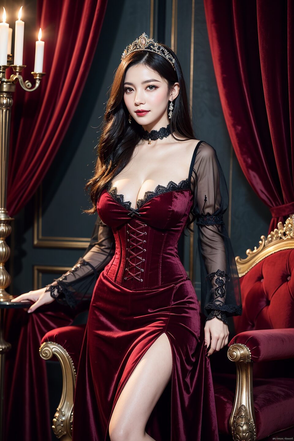 Stable Diffusion 吸血鬼の女王|ゴシック城の蝋燭光と深紅の瞳で高貴に演出