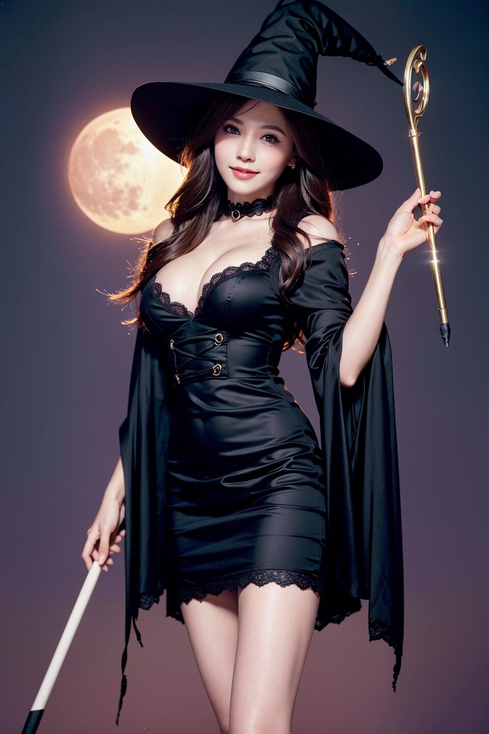 Stable Diffusion ハロウィン 魔女コスチューム|満月と紫の霧・魔法杖でクラシックに演出