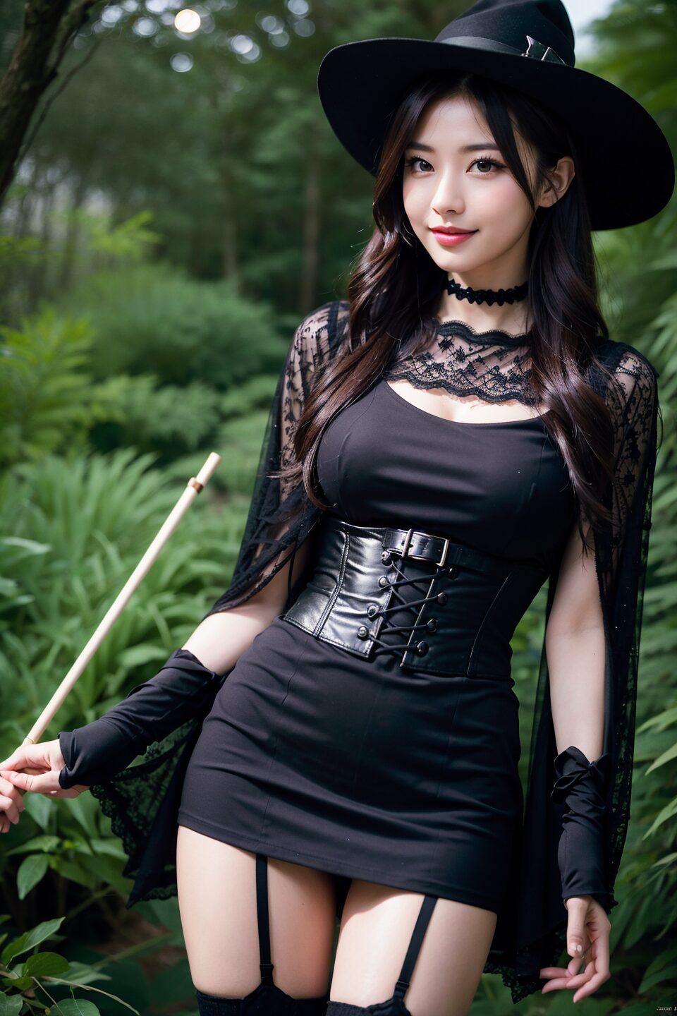 Stable Diffusion 森の魔女|木漏れ日の月光と薄霧、黒ローブの神秘的スタイル